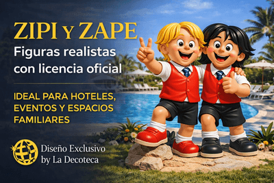 figuras realistas de Zipi y Zape con licencia oficial. La Decoteca fabrica personajes personalizados y desarrolla proyectos temáticos para hoteles, ayuntamientos, eventos y espacios familiares.